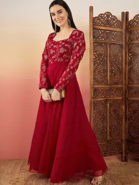 Red Floral Embroidered Flared Maxi Ethnic Dresses