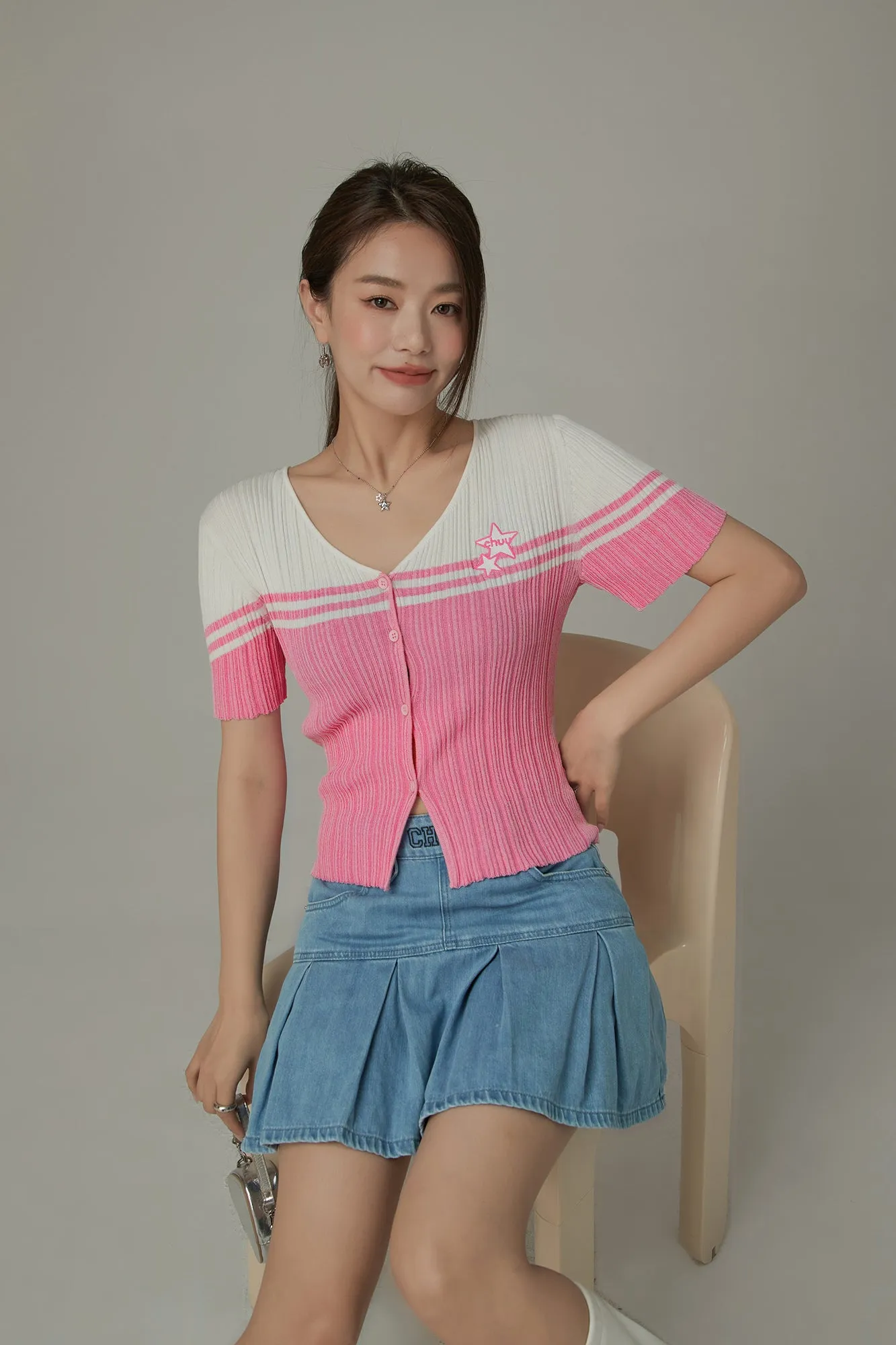Ribbed Color Blocked Button Short Sleeve Cardigan