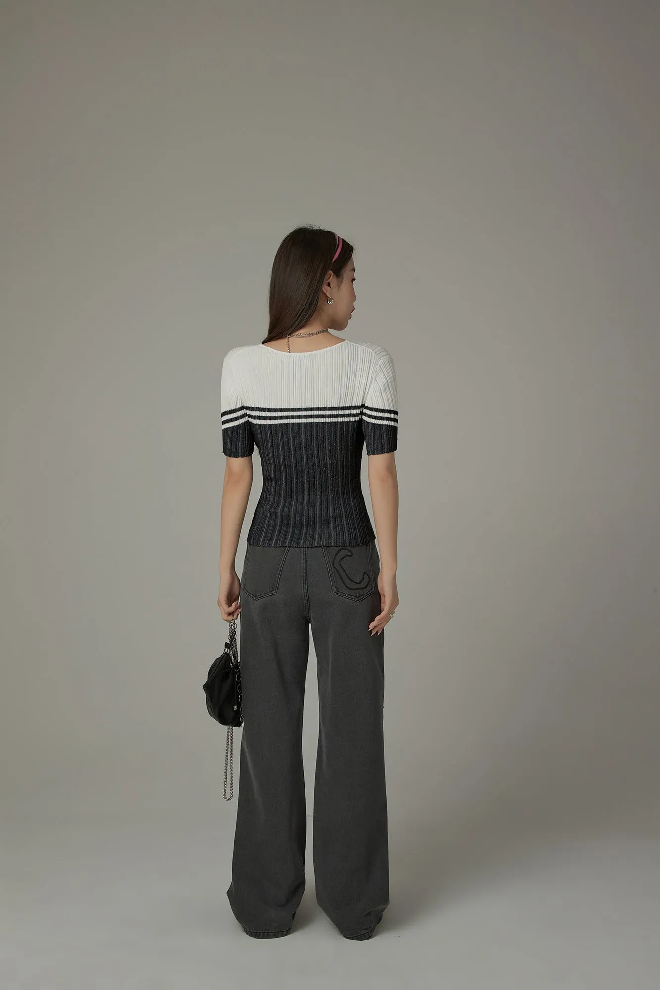 Ribbed Color Blocked Button Short Sleeve Cardigan