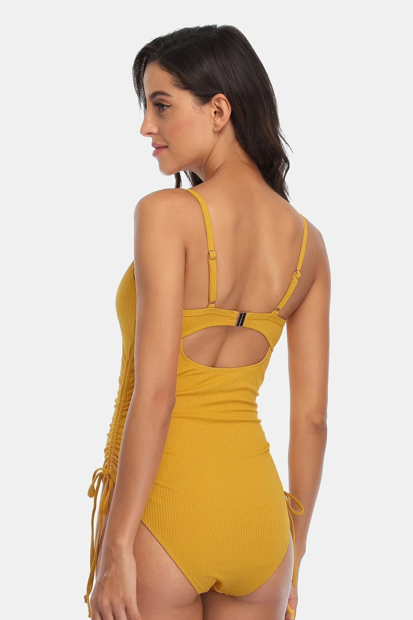 Ribbed Drawstring Long Torso One-piece Swimsuit