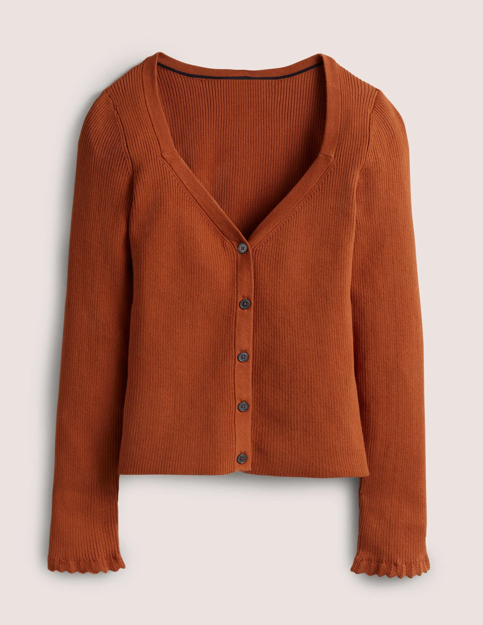 Ribbed Sweetheart Cardigan-Rust