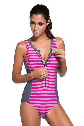 Rosy Striped Sleeveless Rashguard One Piece Swimsuit
