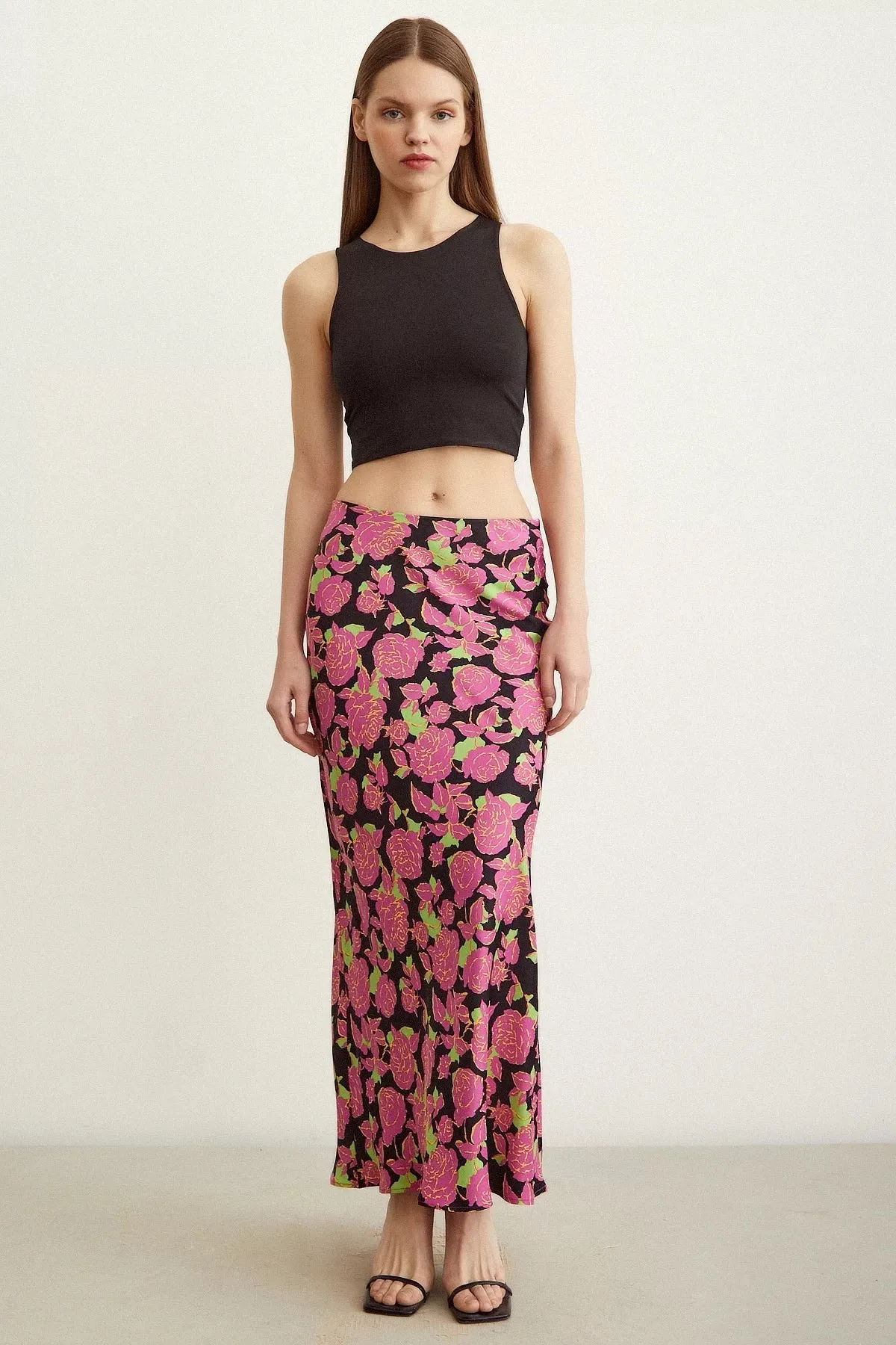 Satin Flared Skirt - Floral