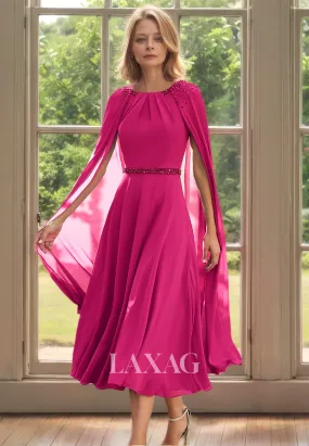 Sleeveless Scoop-Neck Chiffon Cocktail Gowns Pleated Beaded Midi Mother of the Bride Dress with Overlay