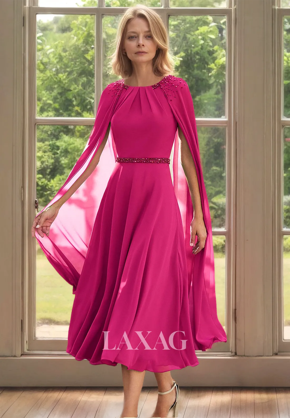 Sleeveless Scoop-Neck Chiffon Cocktail Gowns Pleated Beaded Midi Mother of the Bride Dress with Overlay