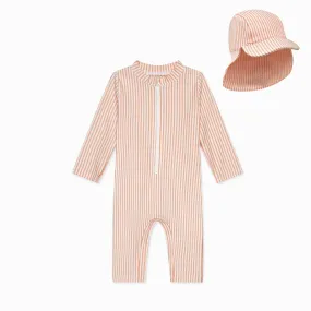 Stripe Seersucker One-Piece Rashguard & Hat