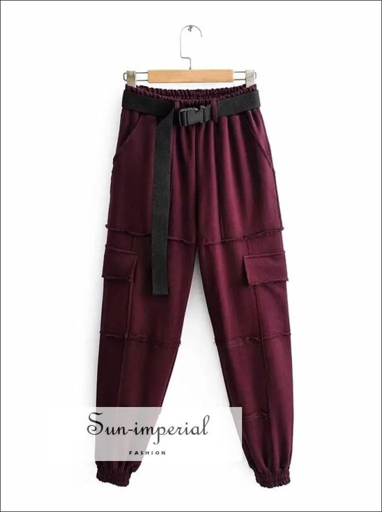 Sun-imperial Women Red Elasticated Waist Pintuck Sweatpants with Pockets Details Lightweight Cargo