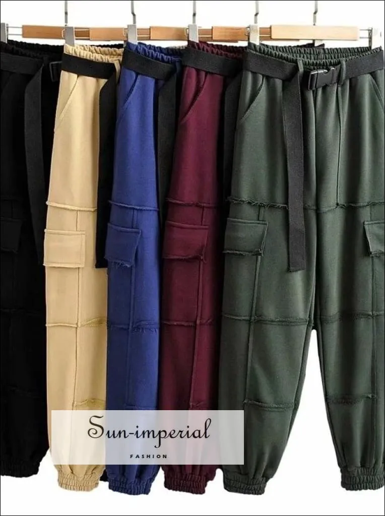 Sun-imperial Women Red Elasticated Waist Pintuck Sweatpants with Pockets Details Lightweight Cargo