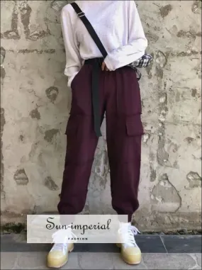 Sun-imperial Women Red Elasticated Waist Pintuck Sweatpants with Pockets Details Lightweight Cargo
