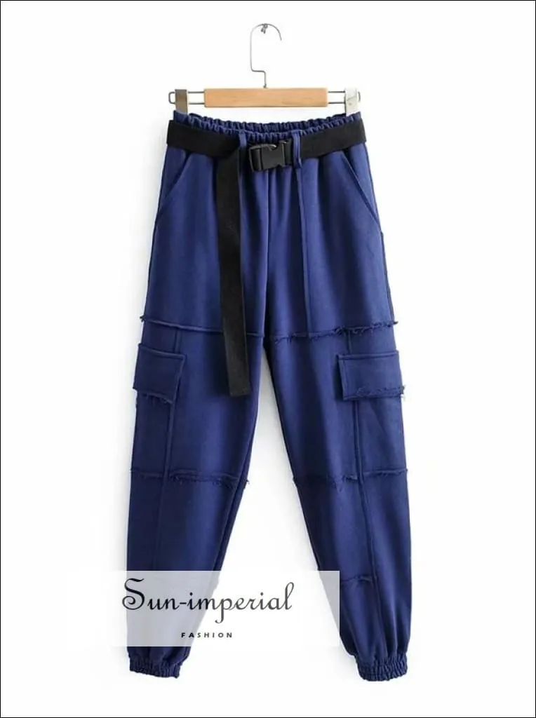 Sun-imperial Women Red Elasticated Waist Pintuck Sweatpants with Pockets Details Lightweight Cargo