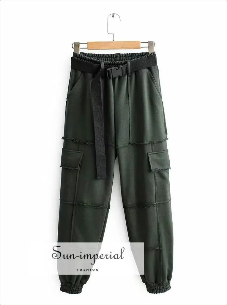 Sun-imperial Women Red Elasticated Waist Pintuck Sweatpants with Pockets Details Lightweight Cargo