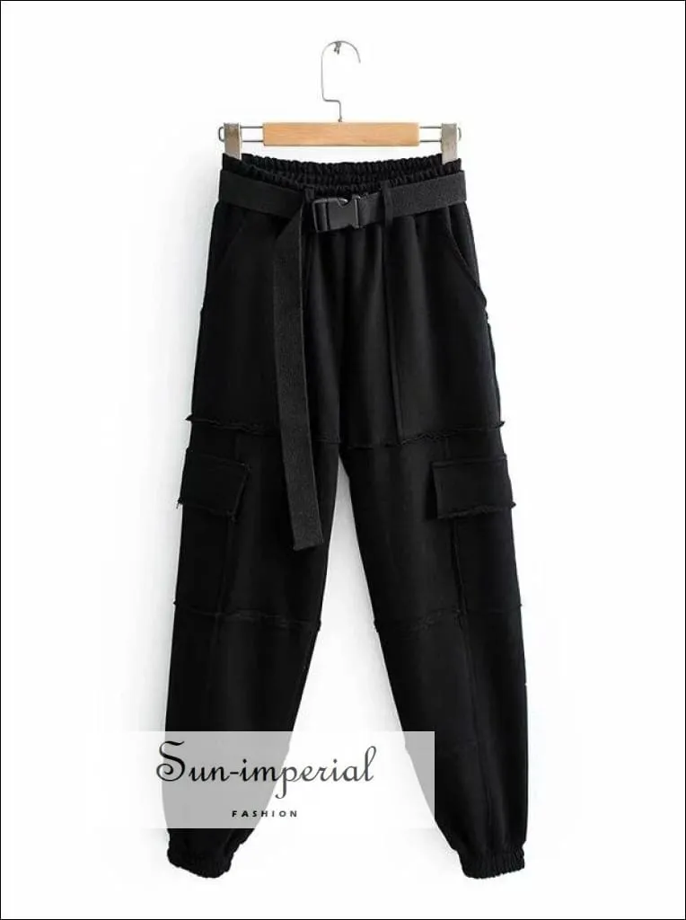 Sun-imperial Women Red Elasticated Waist Pintuck Sweatpants with Pockets Details Lightweight Cargo