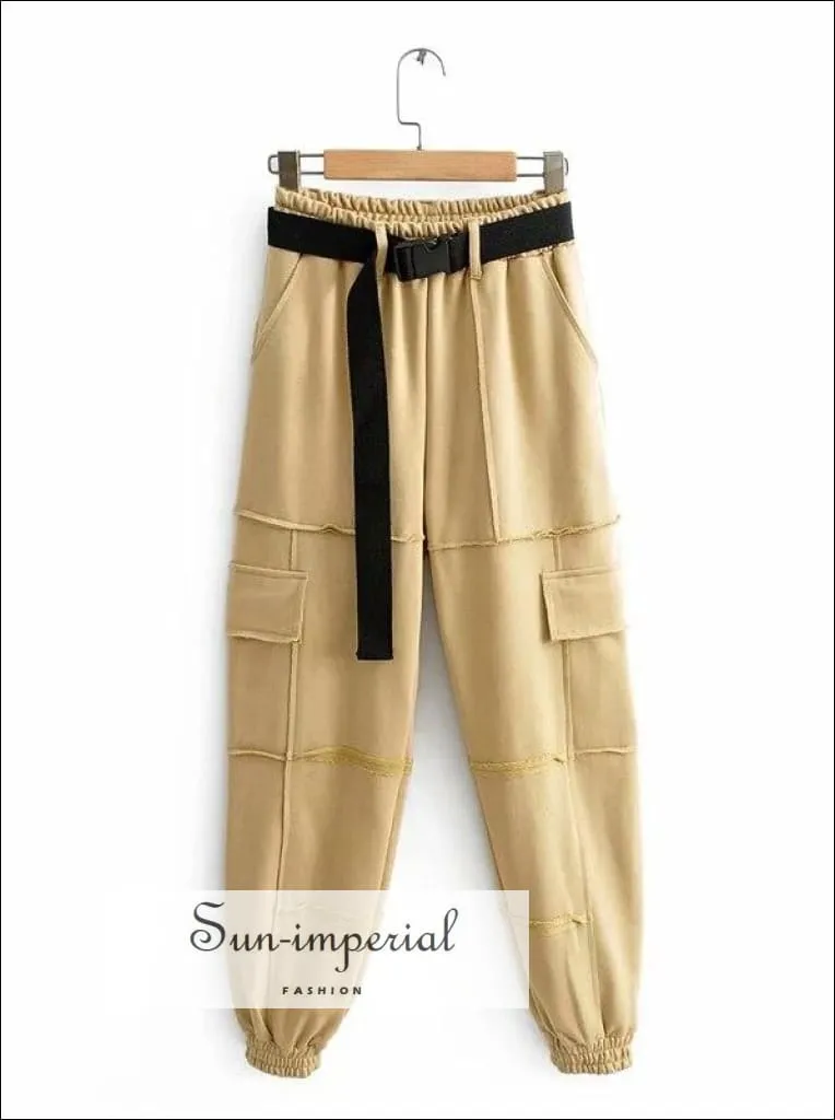 Sun-imperial Women Red Elasticated Waist Pintuck Sweatpants with Pockets Details Lightweight Cargo