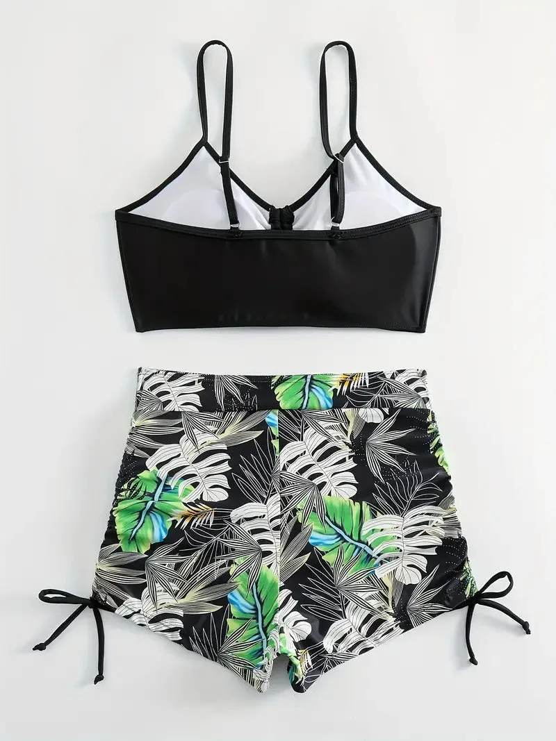 Tropical Leaf Print V Neck High Waisted Bikini Sets Drawstring Spaghetti Straps Boxer Short Bottoms Two Pieces Swimsuit