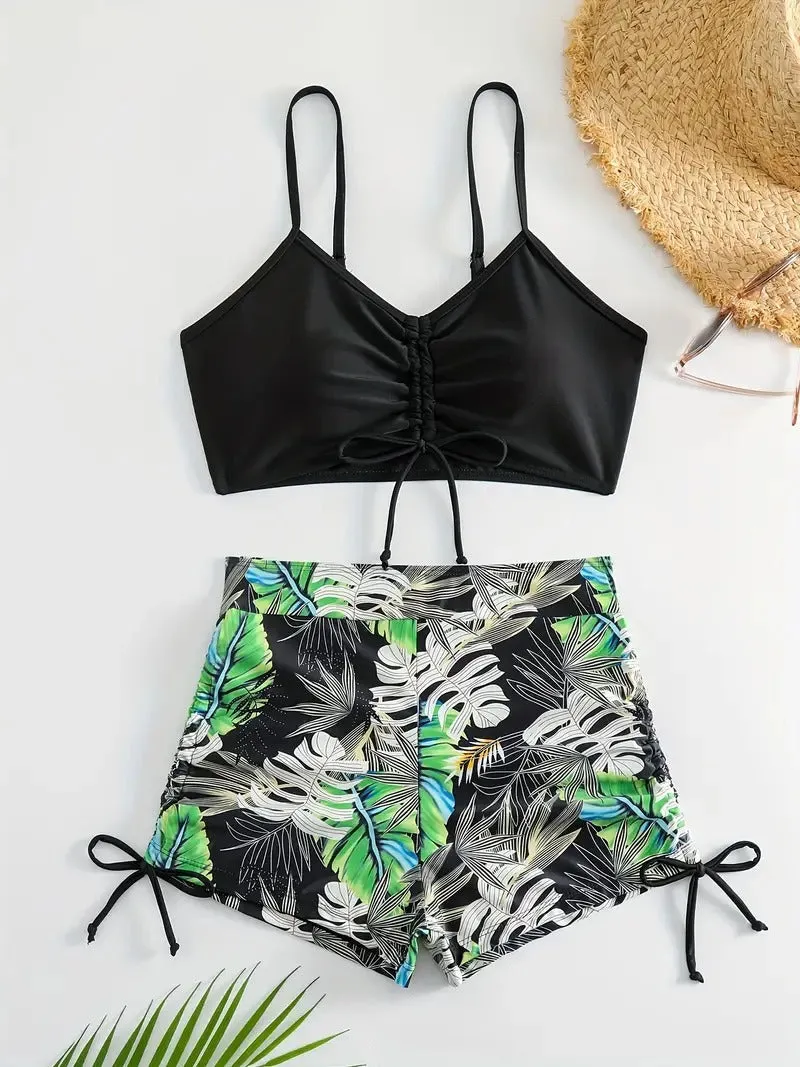 Tropical Leaf Print V Neck High Waisted Bikini Sets Drawstring Spaghetti Straps Boxer Short Bottoms Two Pieces Swimsuit