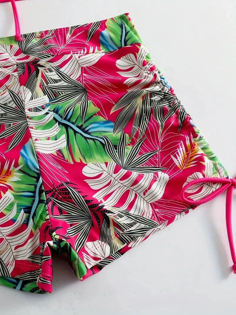 Tropical Leaf Print V Neck High Waisted Bikini Sets Drawstring Spaghetti Straps Boxer Short Bottoms Two Pieces Swimsuit