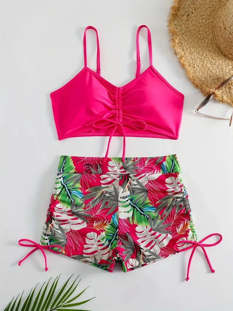 Tropical Leaf Print V Neck High Waisted Bikini Sets Drawstring Spaghetti Straps Boxer Short Bottoms Two Pieces Swimsuit
