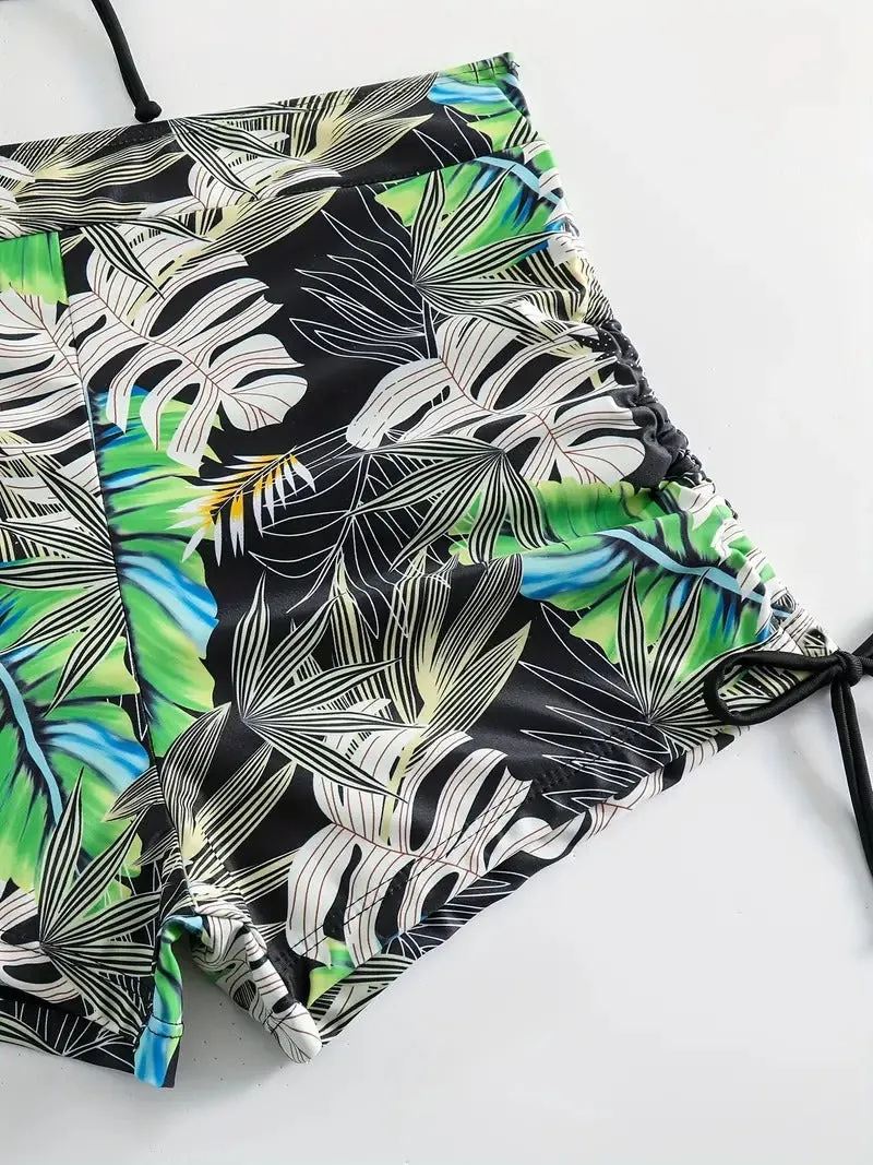 Tropical Leaf Print V Neck High Waisted Bikini Sets Drawstring Spaghetti Straps Boxer Short Bottoms Two Pieces Swimsuit