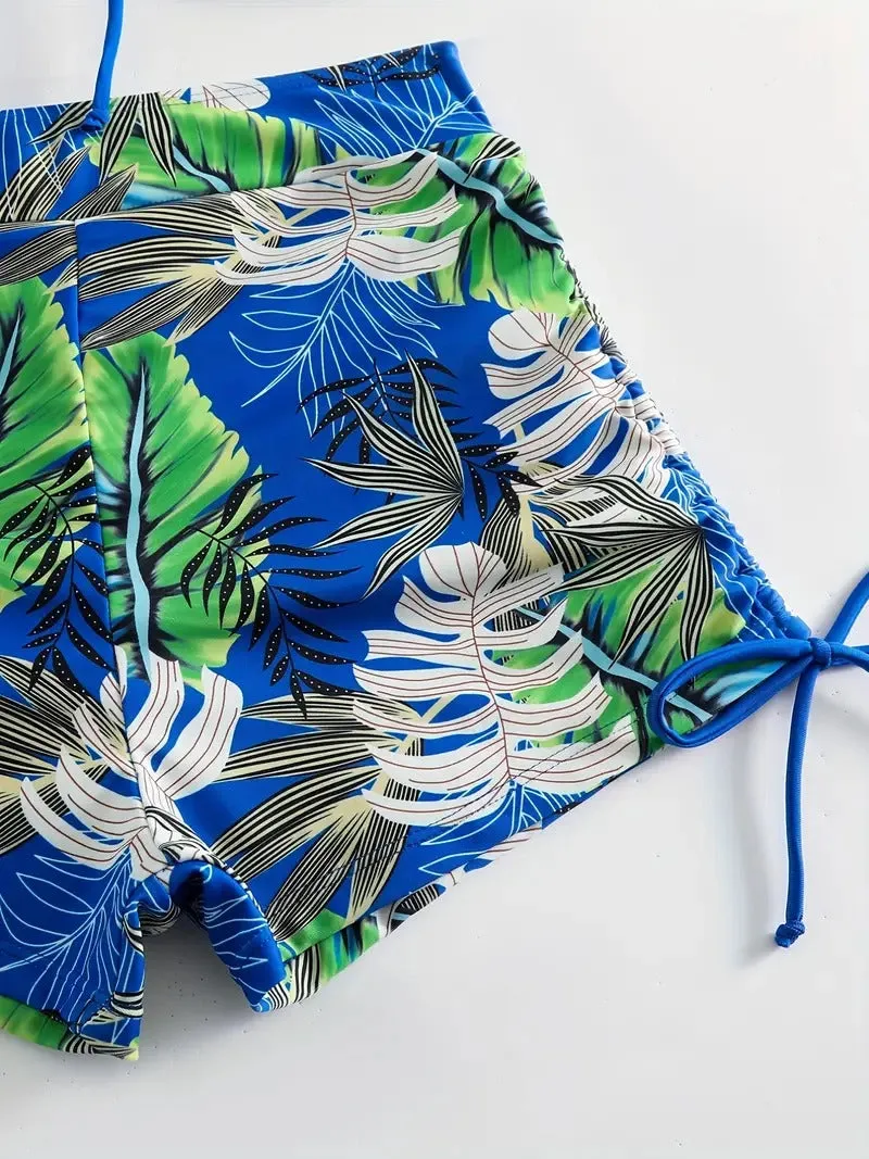 Tropical Leaf Print V Neck High Waisted Bikini Sets Drawstring Spaghetti Straps Boxer Short Bottoms Two Pieces Swimsuit