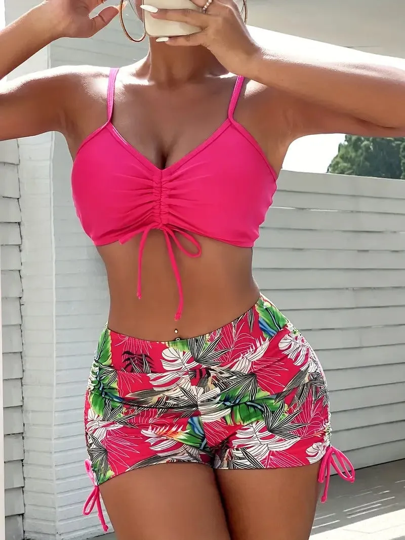 Tropical Leaf Print V Neck High Waisted Bikini Sets Drawstring Spaghetti Straps Boxer Short Bottoms Two Pieces Swimsuit