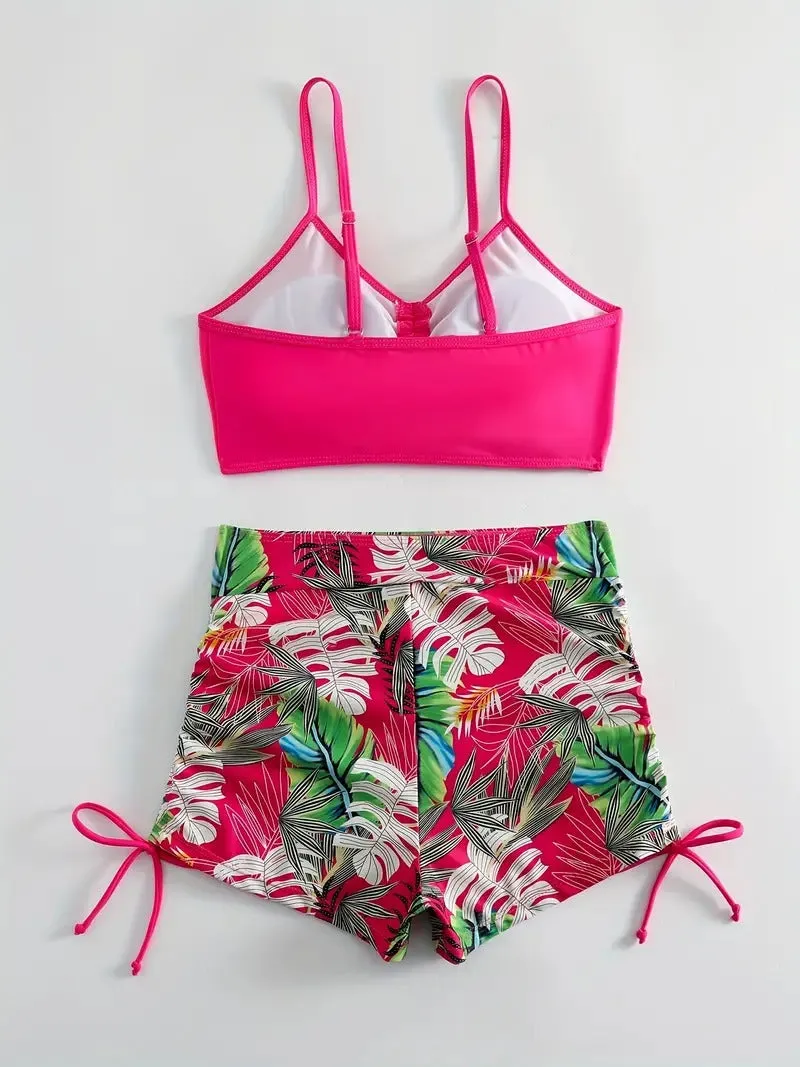 Tropical Leaf Print V Neck High Waisted Bikini Sets Drawstring Spaghetti Straps Boxer Short Bottoms Two Pieces Swimsuit