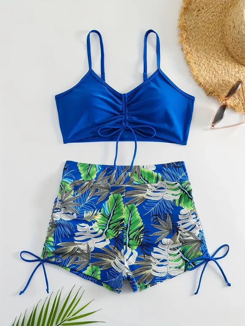Tropical Leaf Print V Neck High Waisted Bikini Sets Drawstring Spaghetti Straps Boxer Short Bottoms Two Pieces Swimsuit