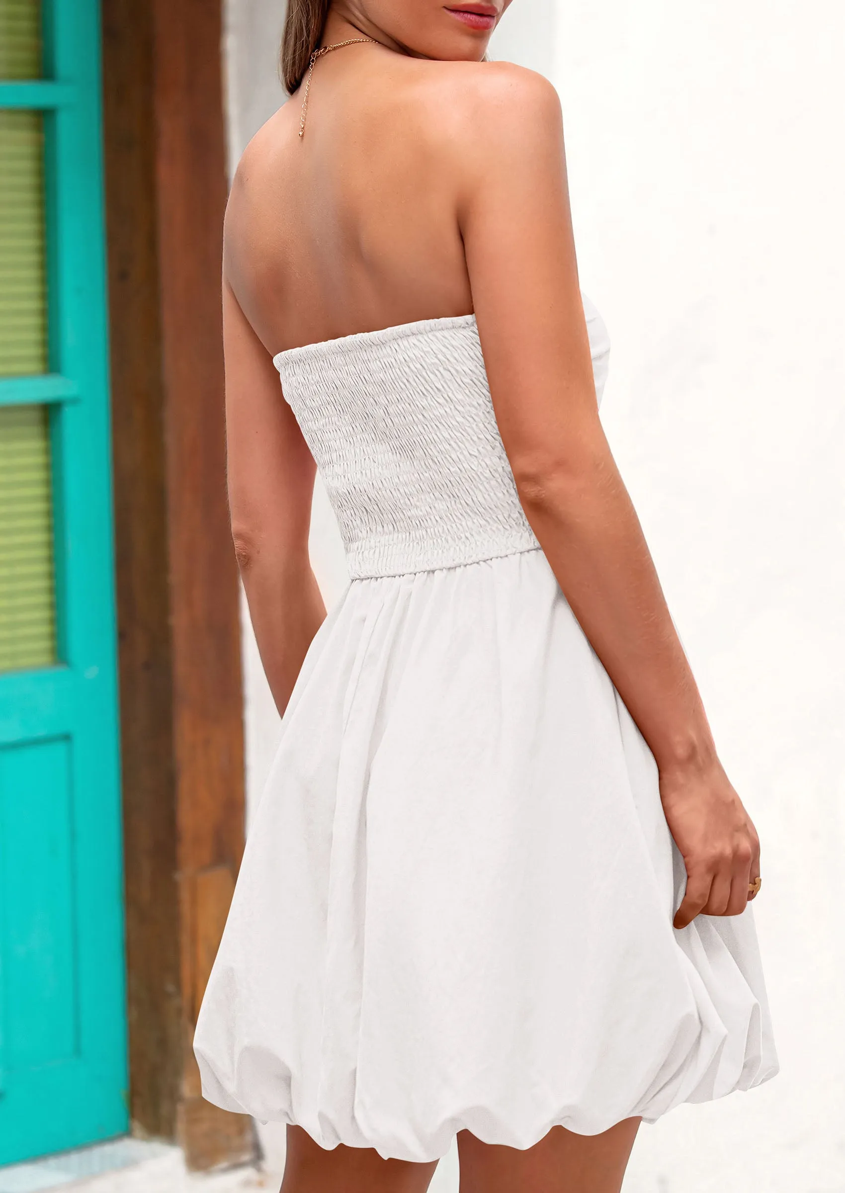 Tube Top Casual Smocked A Line Sundress Trendy Strapless Bubble Short Mini Dresses