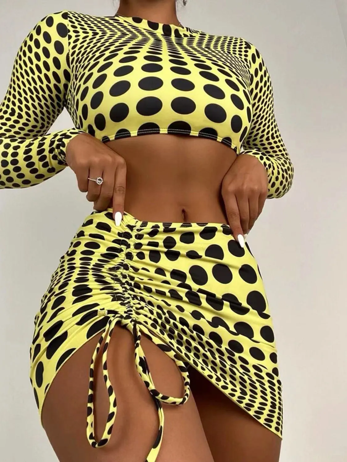 Two Piece Swimsuit Womne's Sexy Polka Dot Long Sleeve With Cover Up Skirt Three-Piece Swim Set