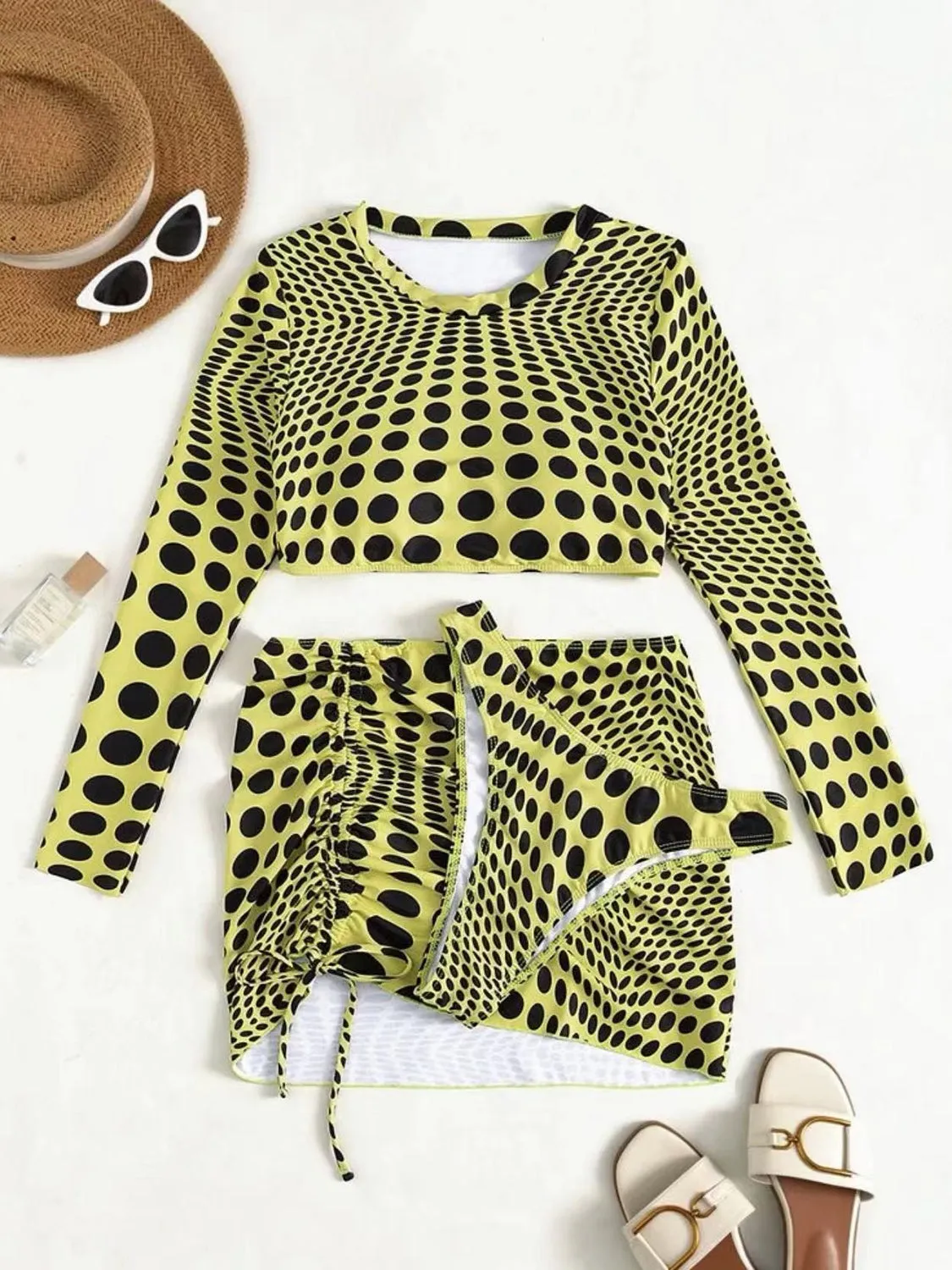 Two Piece Swimsuit Womne's Sexy Polka Dot Long Sleeve With Cover Up Skirt Three-Piece Swim Set