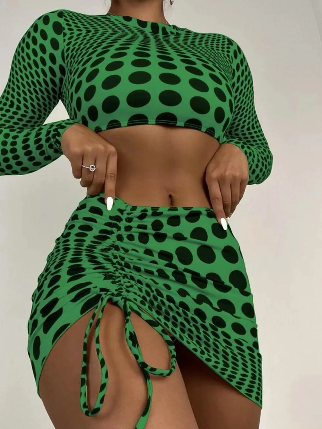 Two Piece Swimsuit Womne's Sexy Polka Dot Long Sleeve With Cover Up Skirt Three-Piece Swim Set