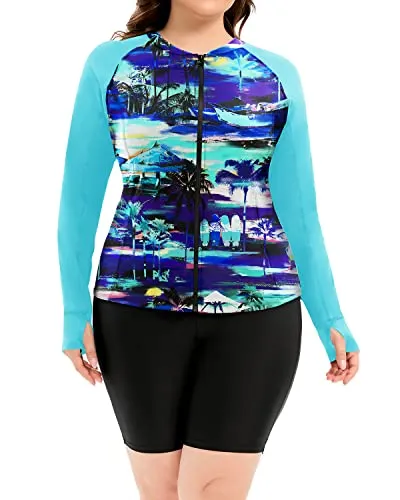 Two Piece Upf 50  Women's Rash Guard And Bottoms Set-Blue Palm Tree