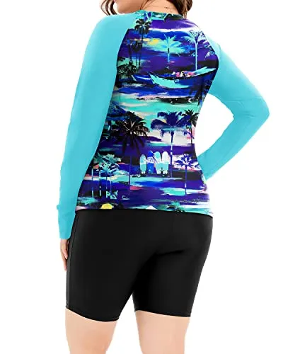 Two Piece Upf 50  Women's Rash Guard And Bottoms Set-Blue Palm Tree
