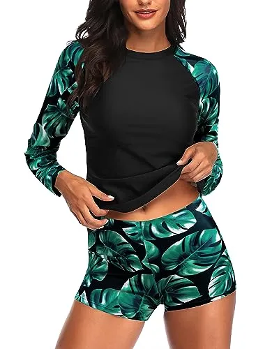 UPF 50  Long Sleeve Rashguard Top & Boyshorts Two Piece Set