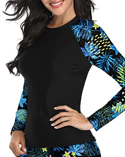 Upf 50  Sun Protection Swim Shirt Rashguard Top For Ladies-Tropical Leaves