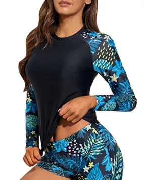 Upf 50  Sun Protection Swim Shirt Rashguard Top For Ladies-Tropical Leaves