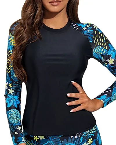 Upf 50  Sun Protection Swim Shirt Rashguard Top For Ladies-Tropical Leaves