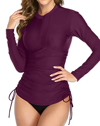 Uv Protection Long Sleeve Swimwear For Women Rash Guard Top-Maroon