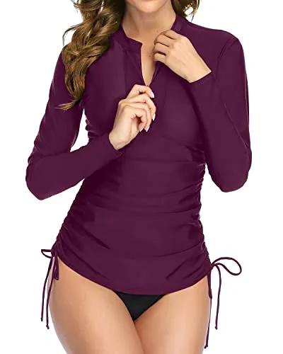 Uv Protection Long Sleeve Swimwear For Women Rash Guard Top-Maroon