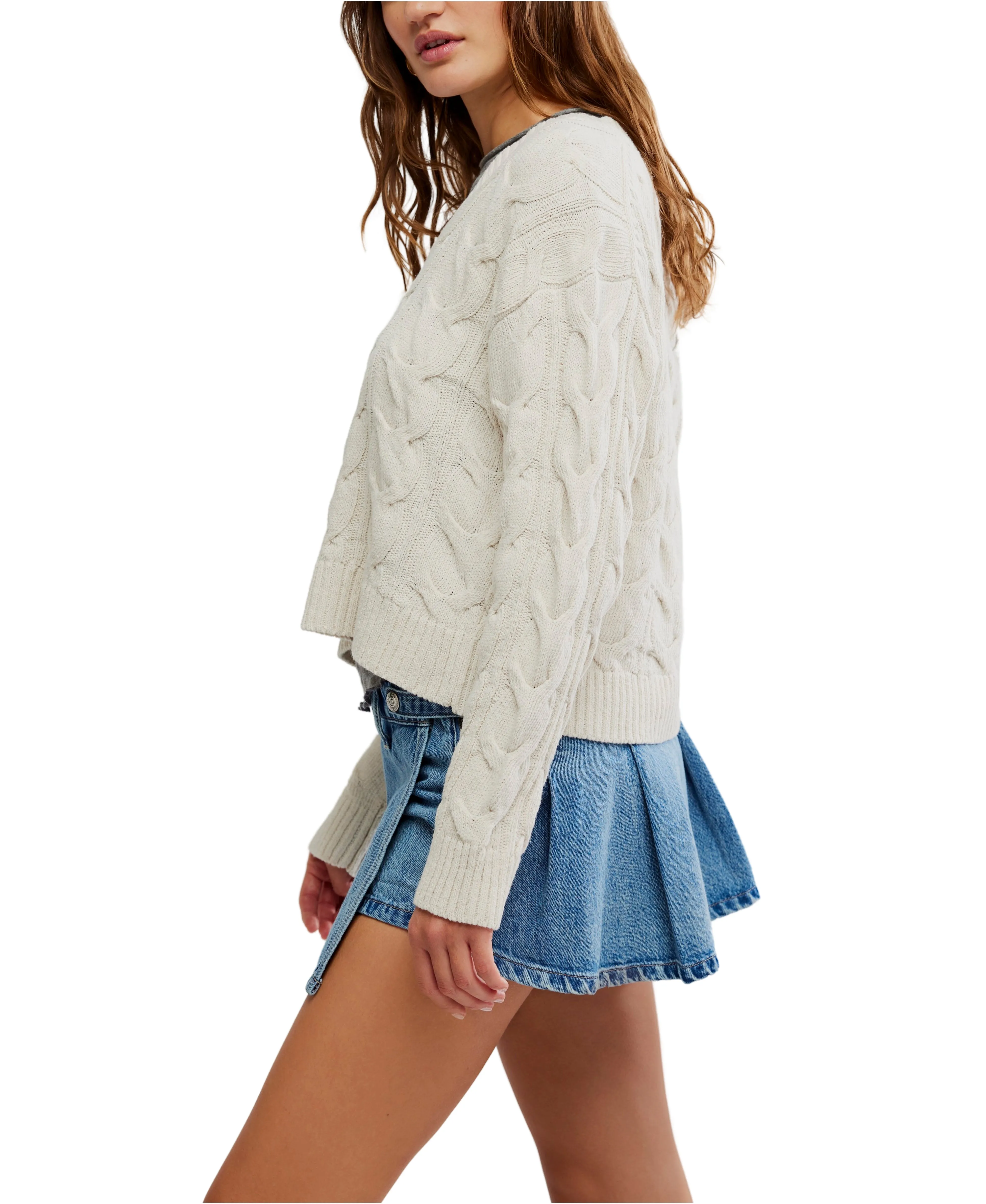 Washed Cable V Neck Sweater in Optic White