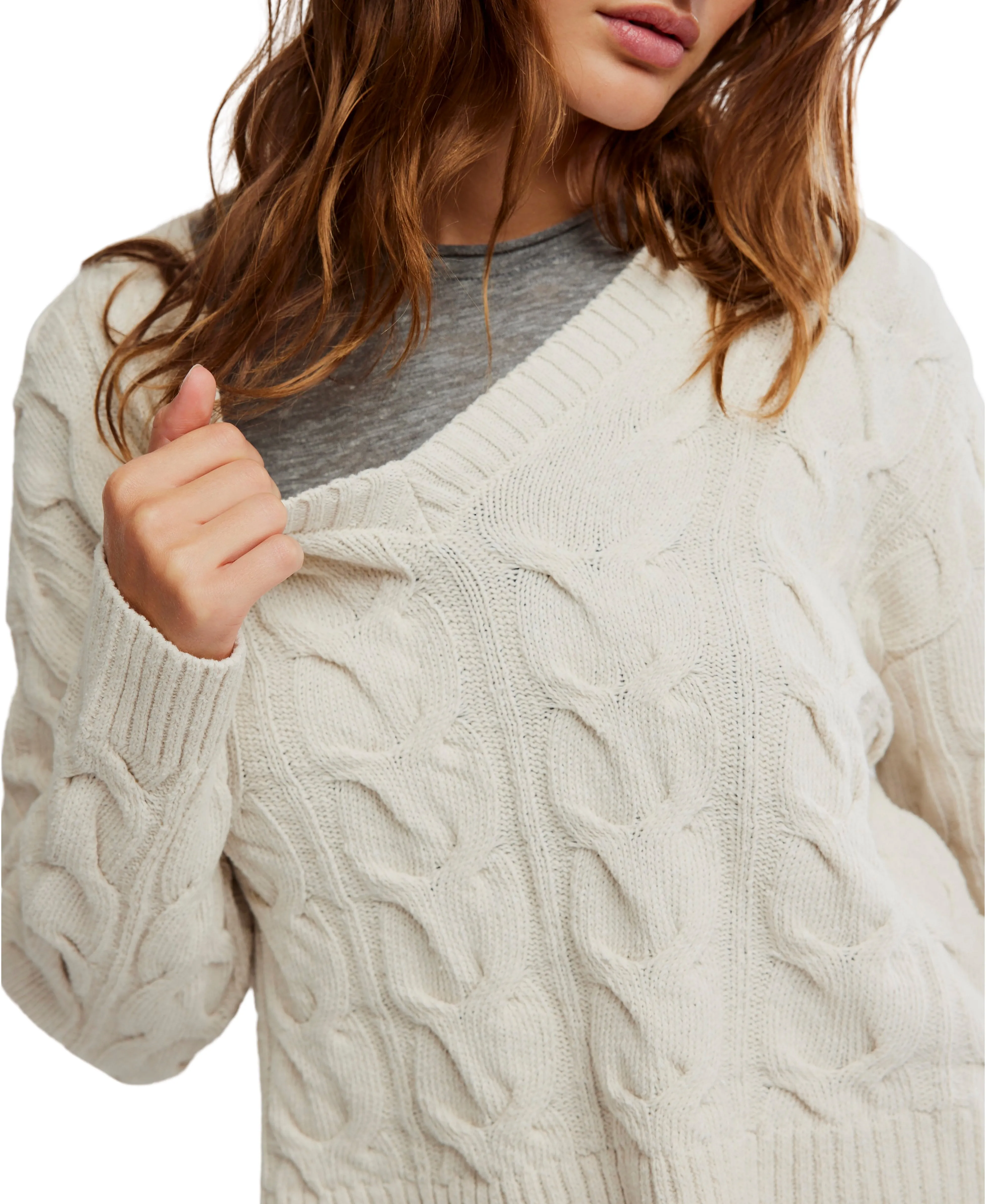 Washed Cable V Neck Sweater in Optic White