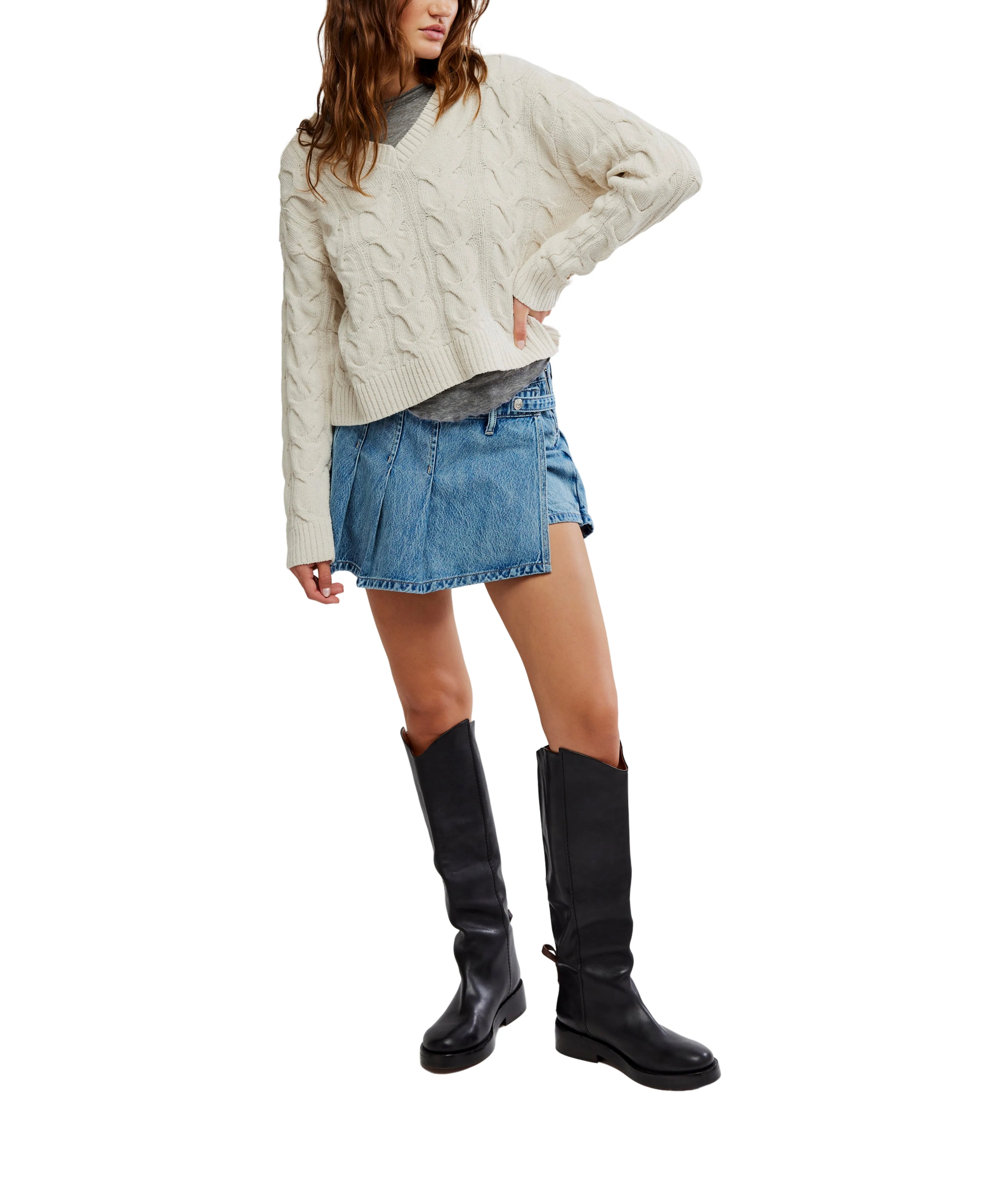 Washed Cable V Neck Sweater in Optic White