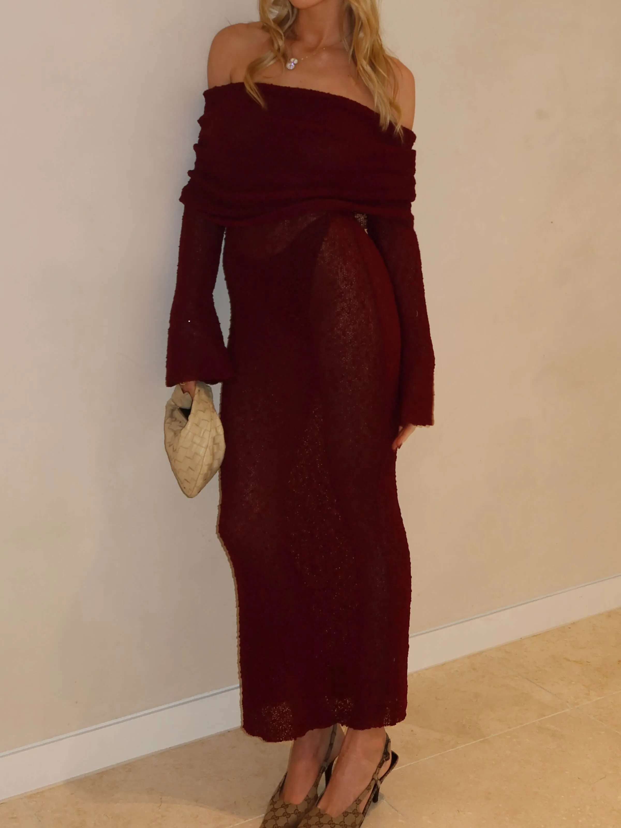 Wenkouban-Christmas Thanksgiving Gift New Year's Eve Dress party look inspos back to school dress  Marisol Off Shoulder Boucle Maxi Dress