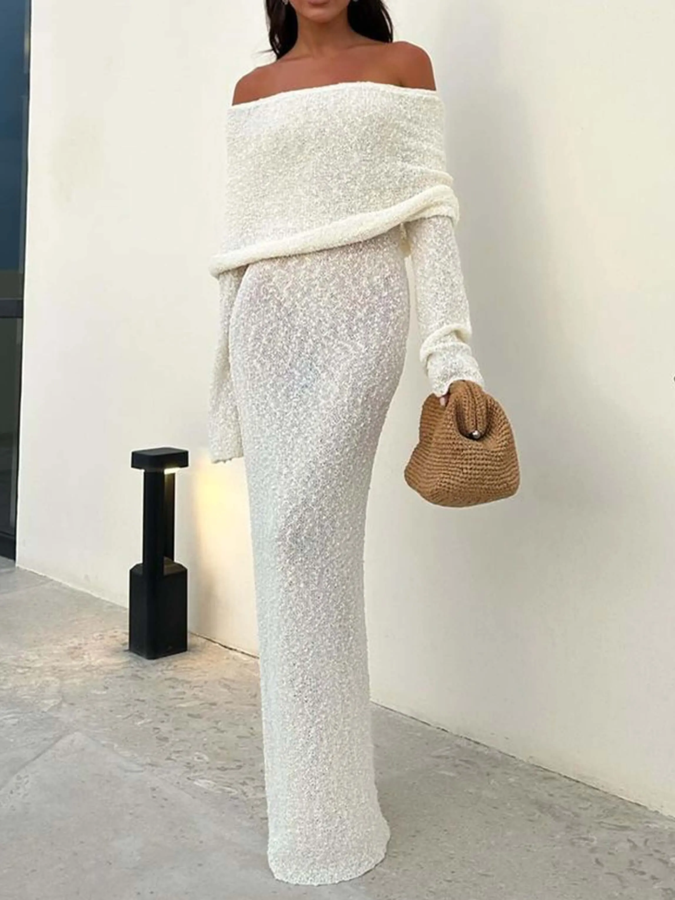 Wenkouban-Christmas Thanksgiving Gift New Year's Eve Dress party look inspos back to school dress  Marisol Off Shoulder Boucle Maxi Dress