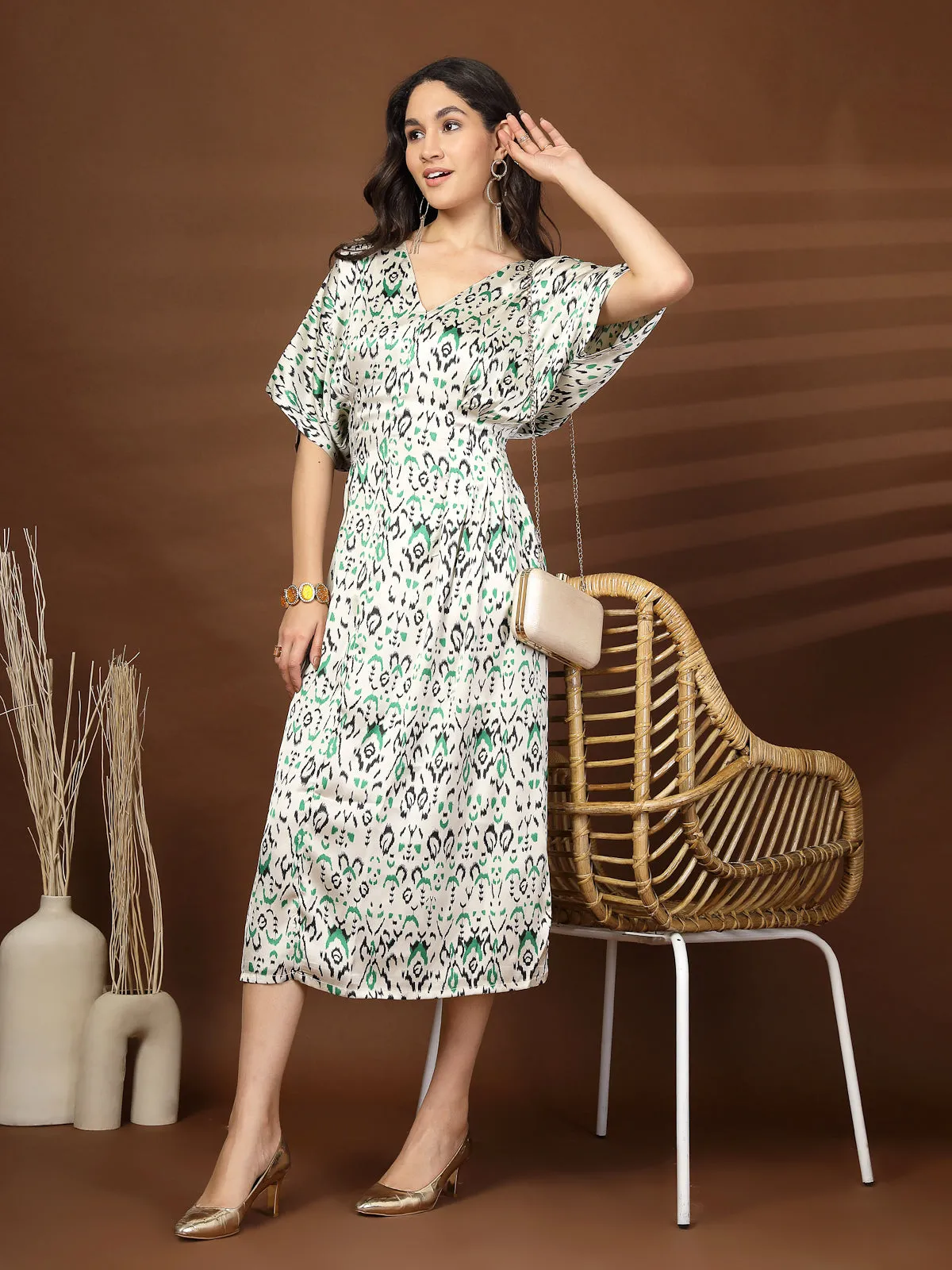 Women Abstract Print V-Neck Fit & Flare Midi Dress
