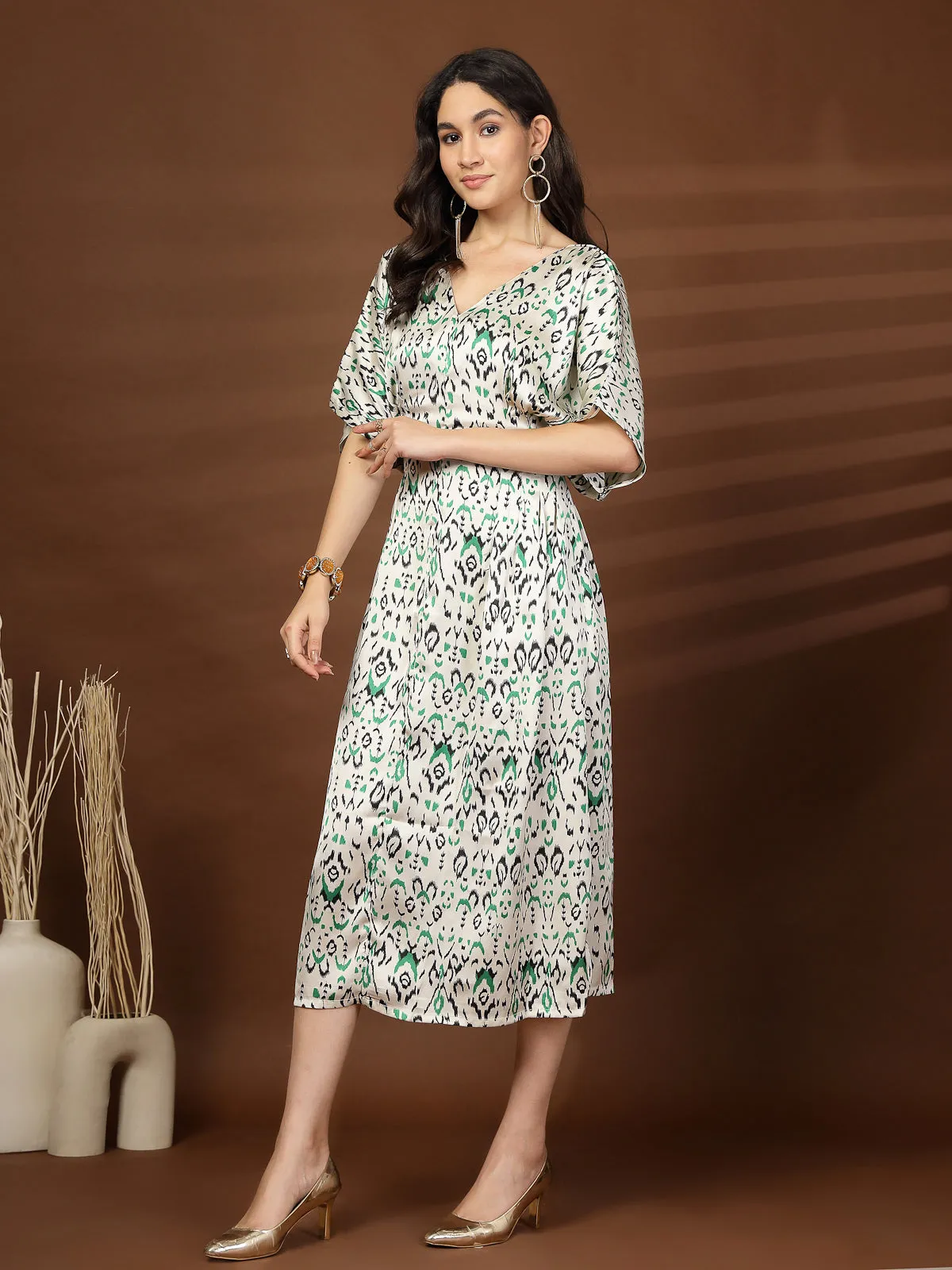 Women Abstract Print V-Neck Fit & Flare Midi Dress