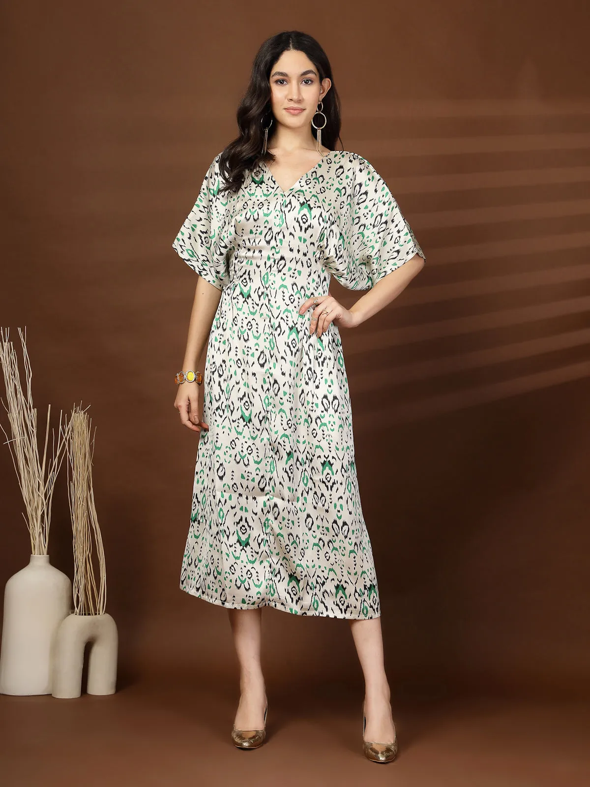 Women Abstract Print V-Neck Fit & Flare Midi Dress