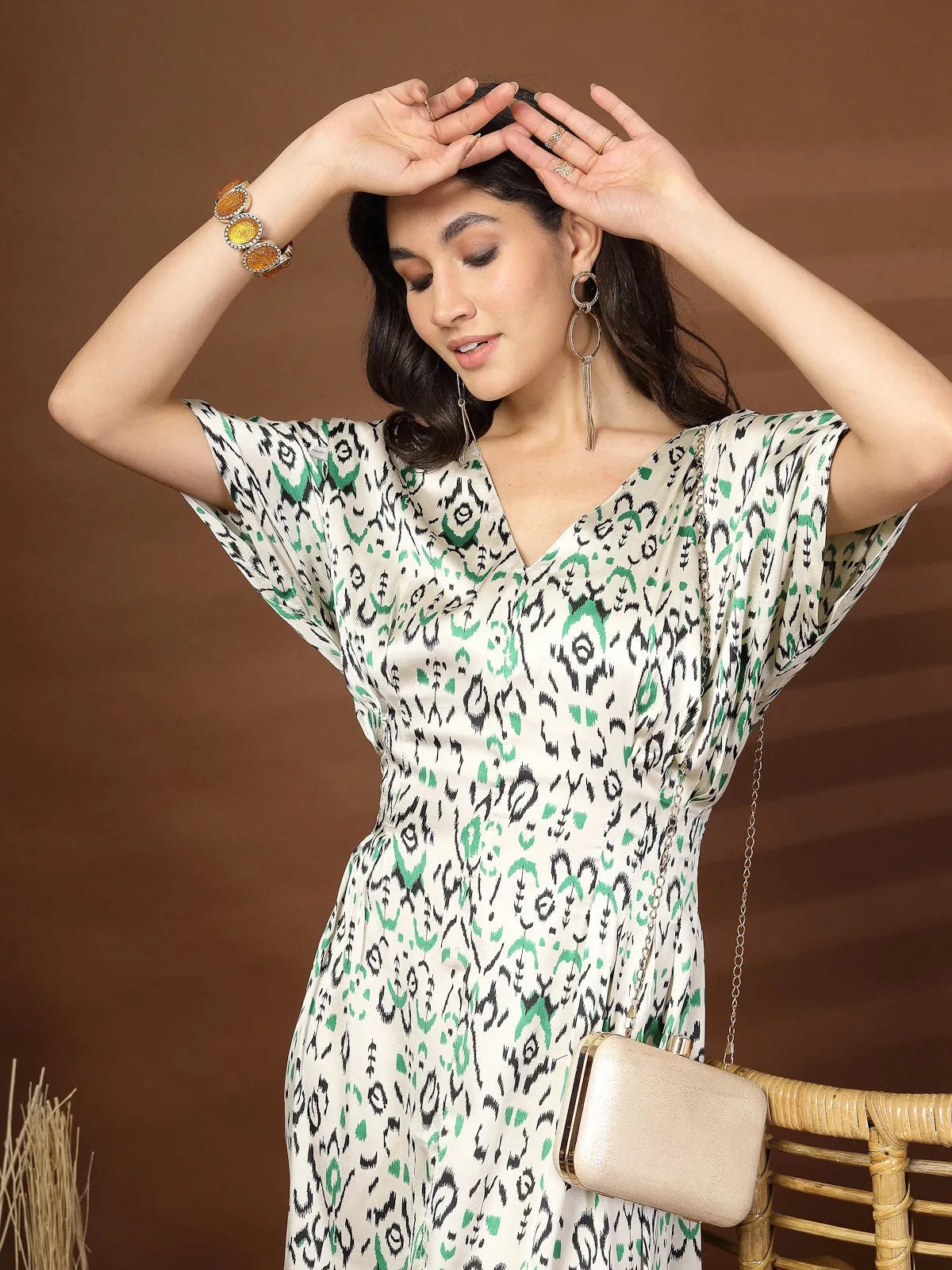 Women Abstract Print V-Neck Fit & Flare Midi Dress