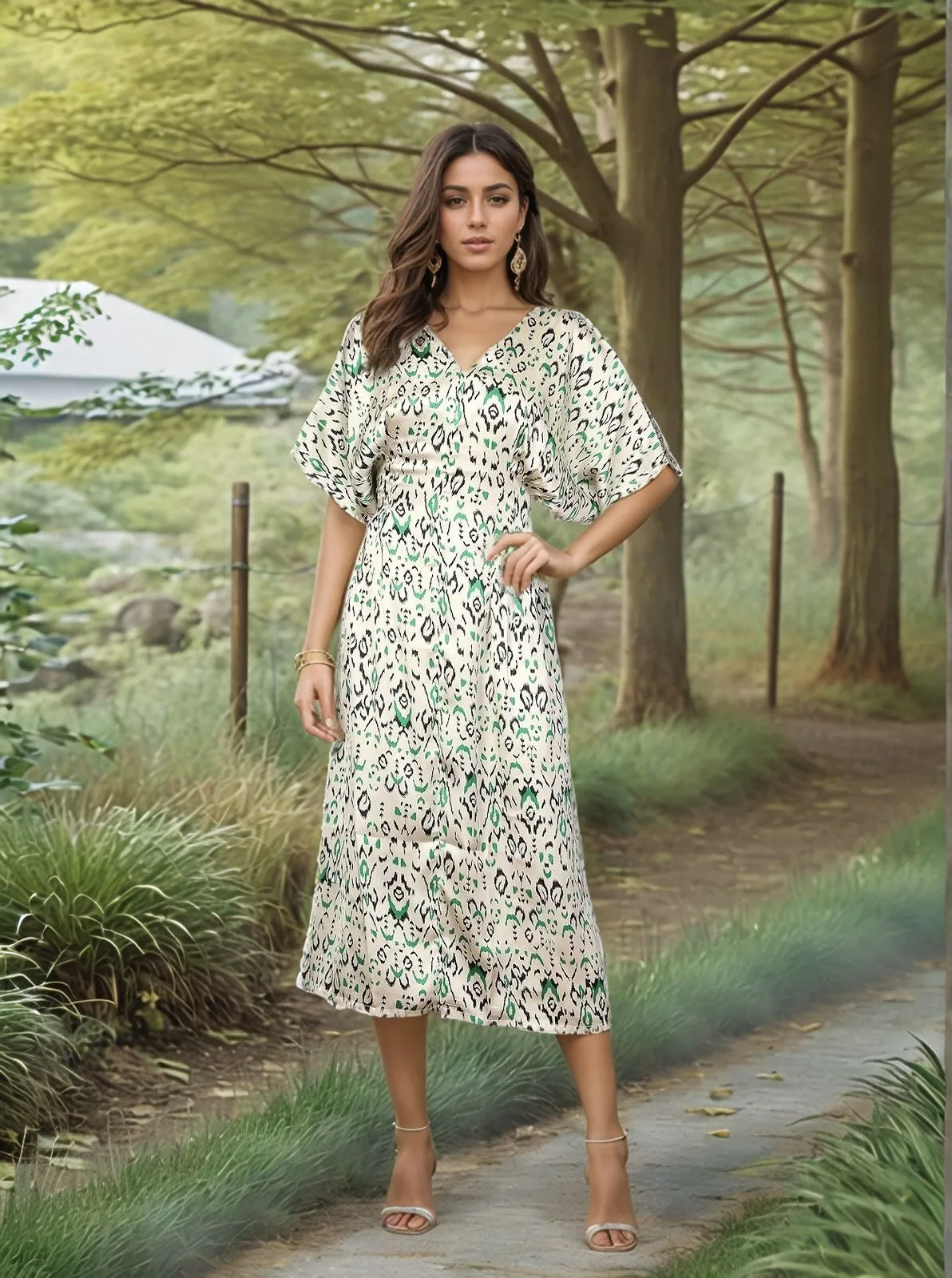 Women Abstract Print V-Neck Fit & Flare Midi Dress