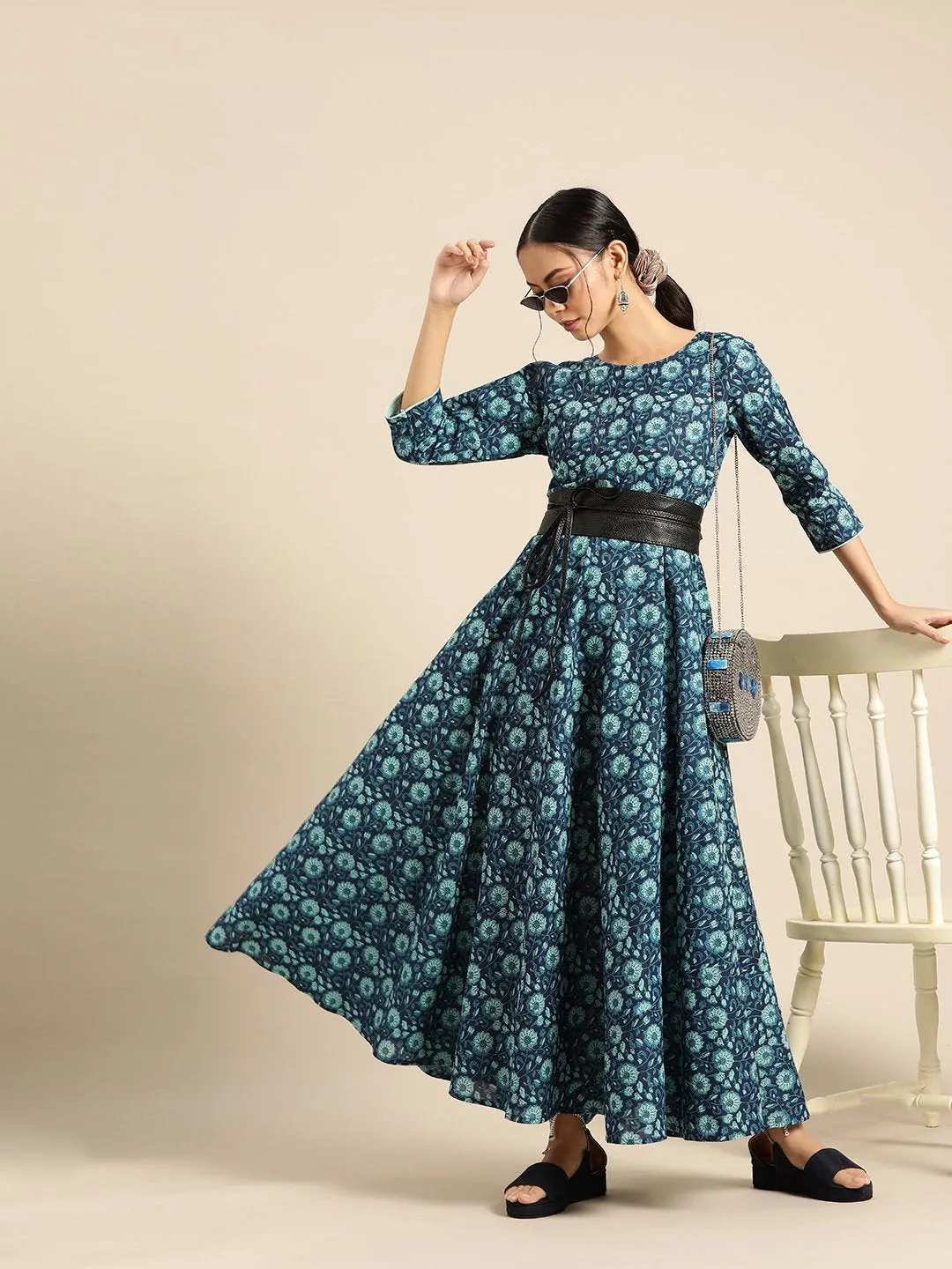 Womens Indigo Floral Printed Flared Dress With Round Neck & Three Quarters Sleeves