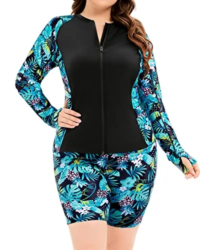 Women's Plus Size Athletic Two Piece Rash Guard Sets Sun Protection Swim Shirt